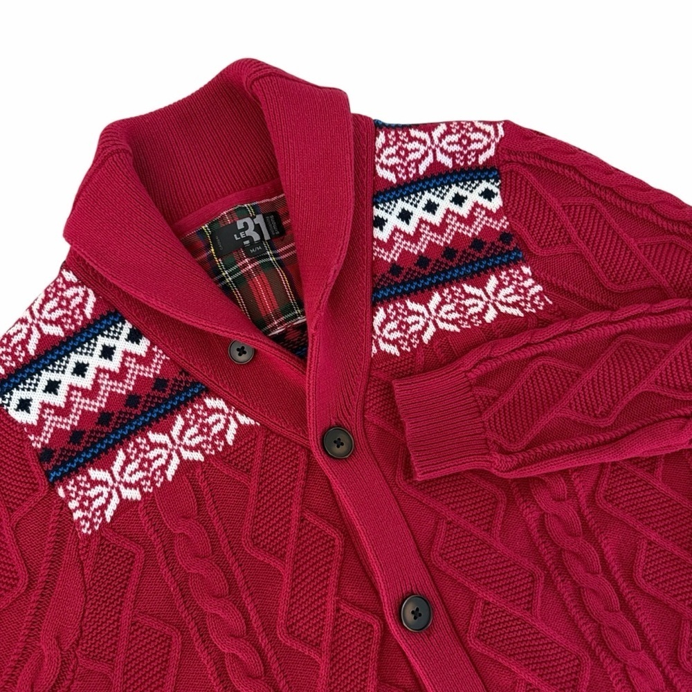 LE 31 SIMONS Red Fair Isle Shawl Collar Cotton Cardigan m - Picture 2 of 13